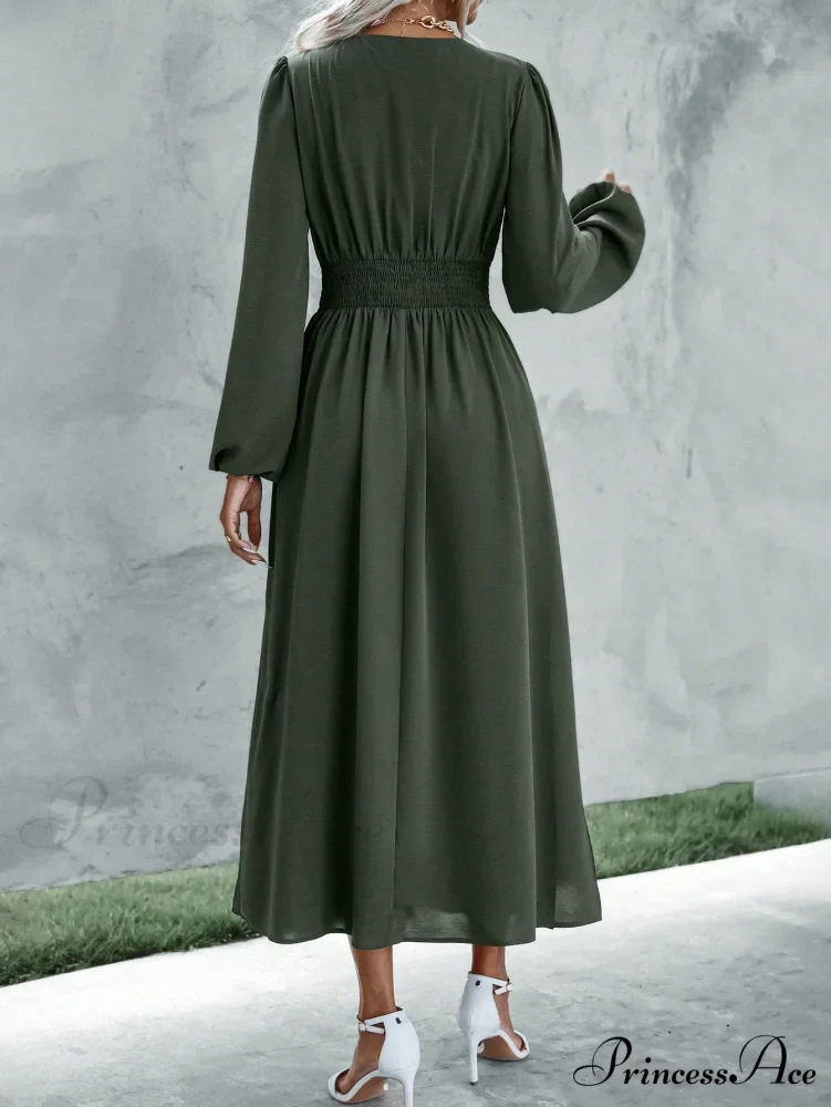 Plunging Neck Lantern Sleeve Waist Split Thigh Dress - Image 2