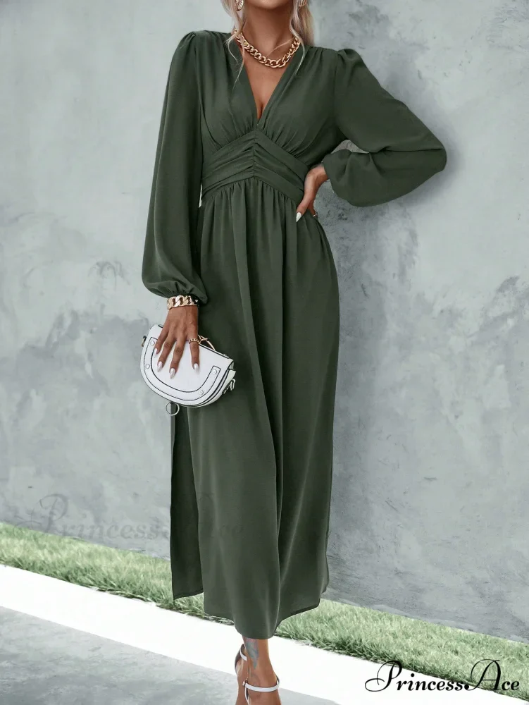 Plunging Neck Lantern Sleeve Waist Split Thigh Dress - Image 3