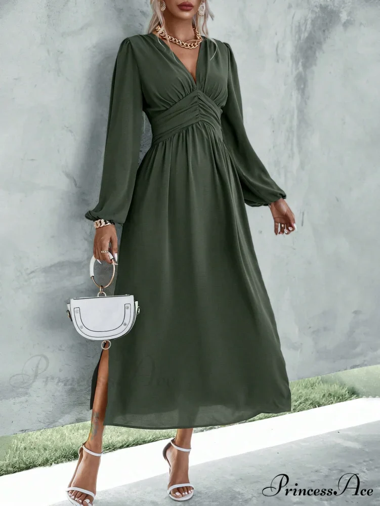 Plunging Neck Lantern Sleeve Waist Split Thigh Dress - Image 4