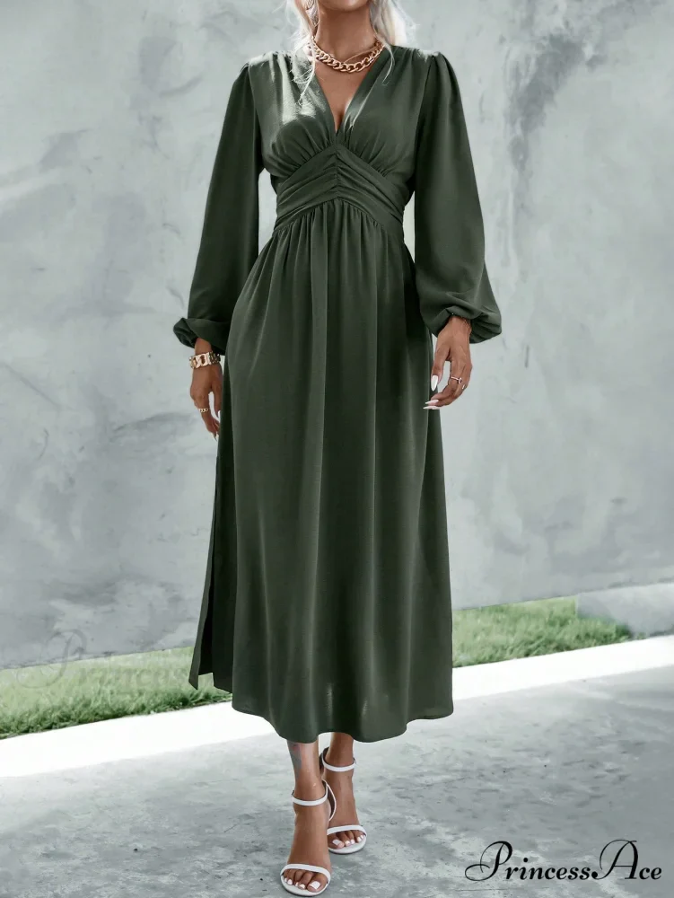 Plunging Neck Lantern Sleeve Waist Split Thigh Dress - Image 5