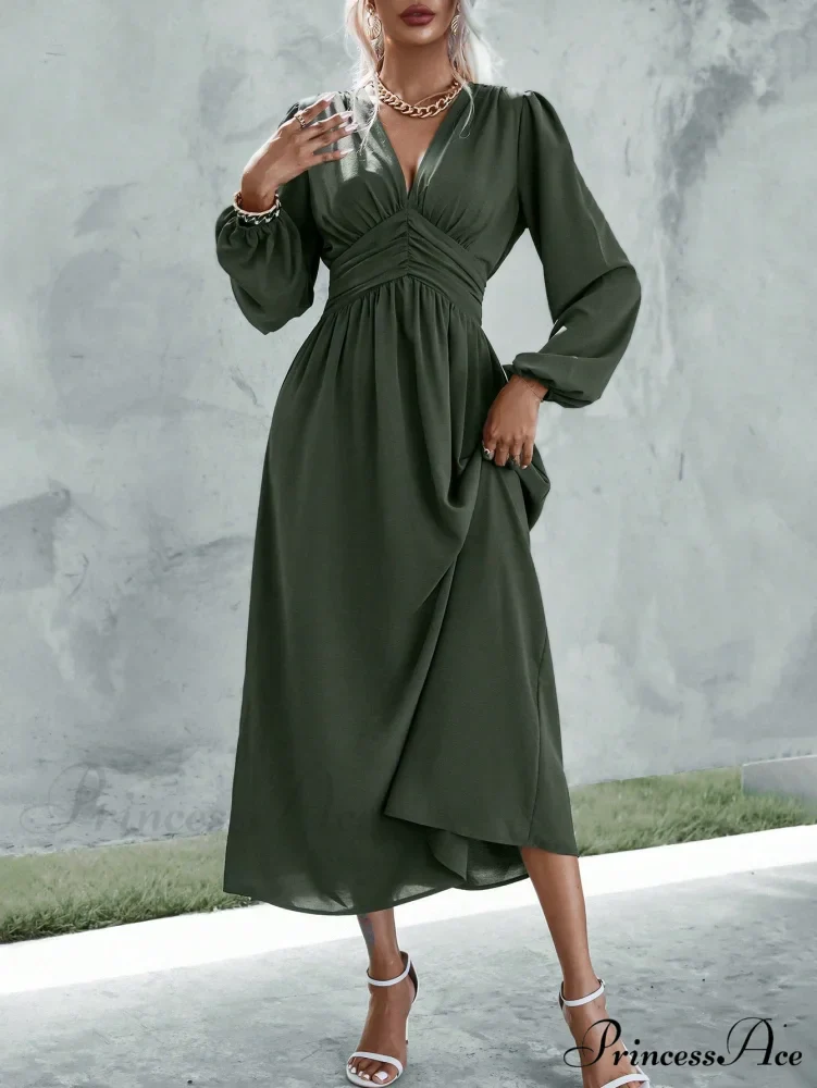 Plunging Neck Lantern Sleeve Waist Split Thigh Dress - Image 6