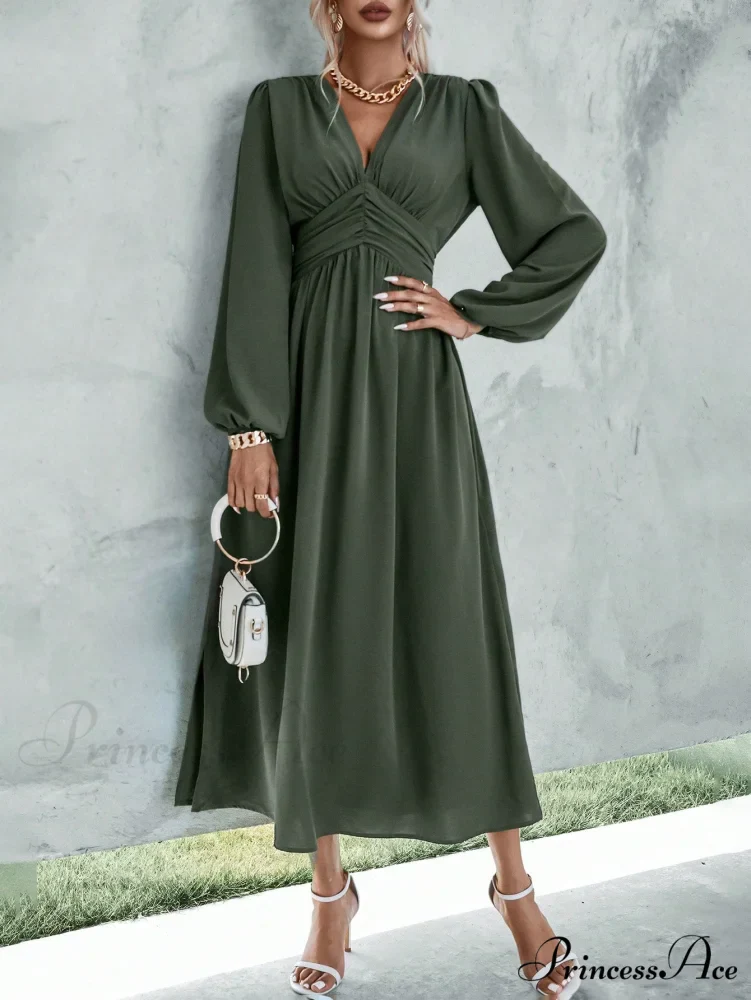 Plunging Neck Lantern Sleeve Waist Split Thigh Dress - Image 7
