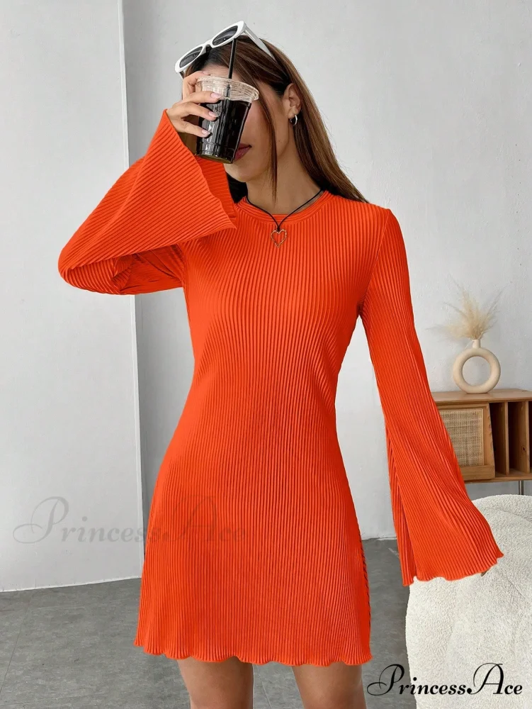 Lettuce Trim Trumpet Sleeve Ribbed Knit Dress - Image 10