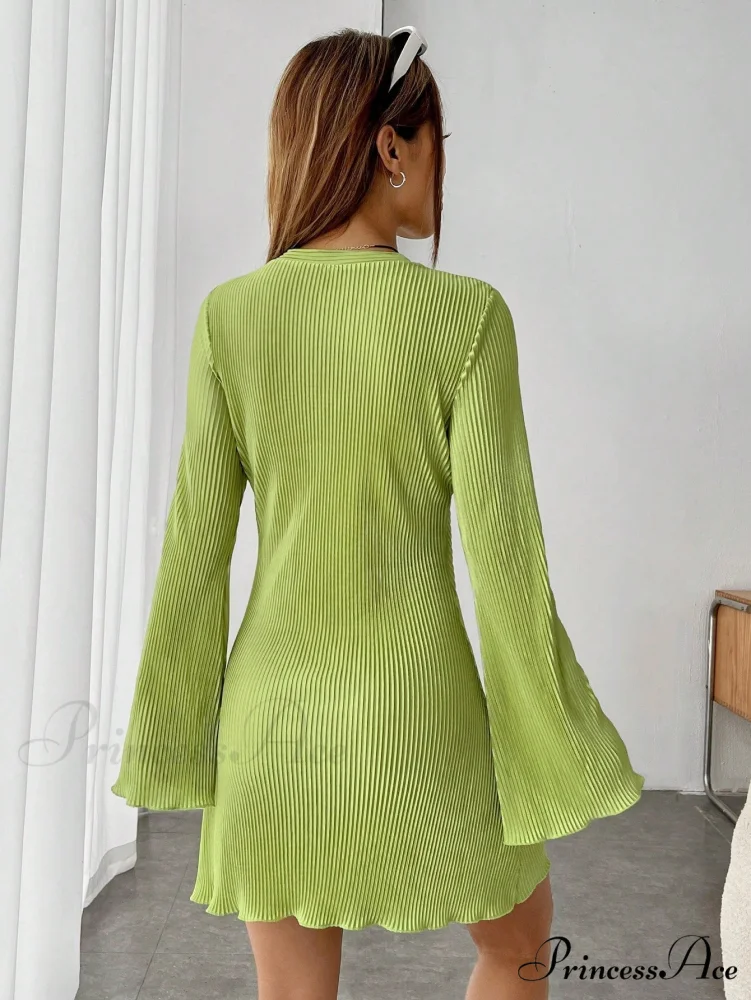 Lettuce Trim Trumpet Sleeve Ribbed Knit Dress - Image 2