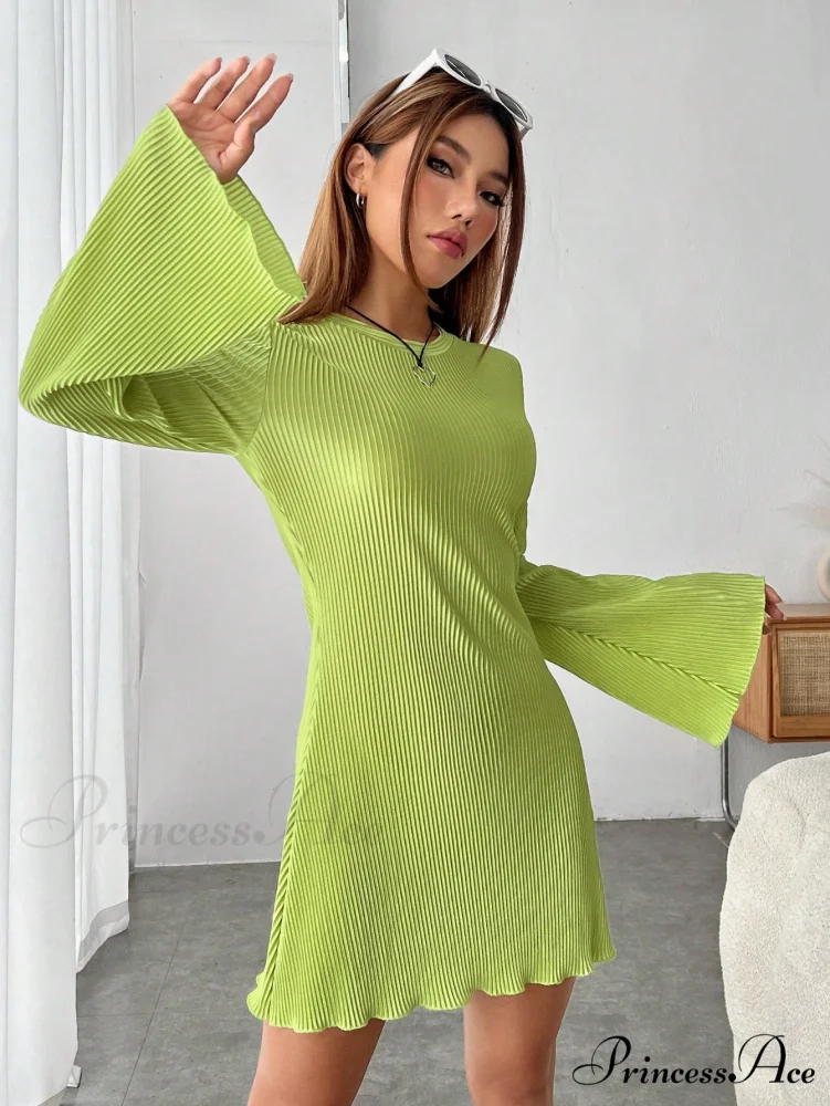Lettuce Trim Trumpet Sleeve Ribbed Knit Dress - Image 3