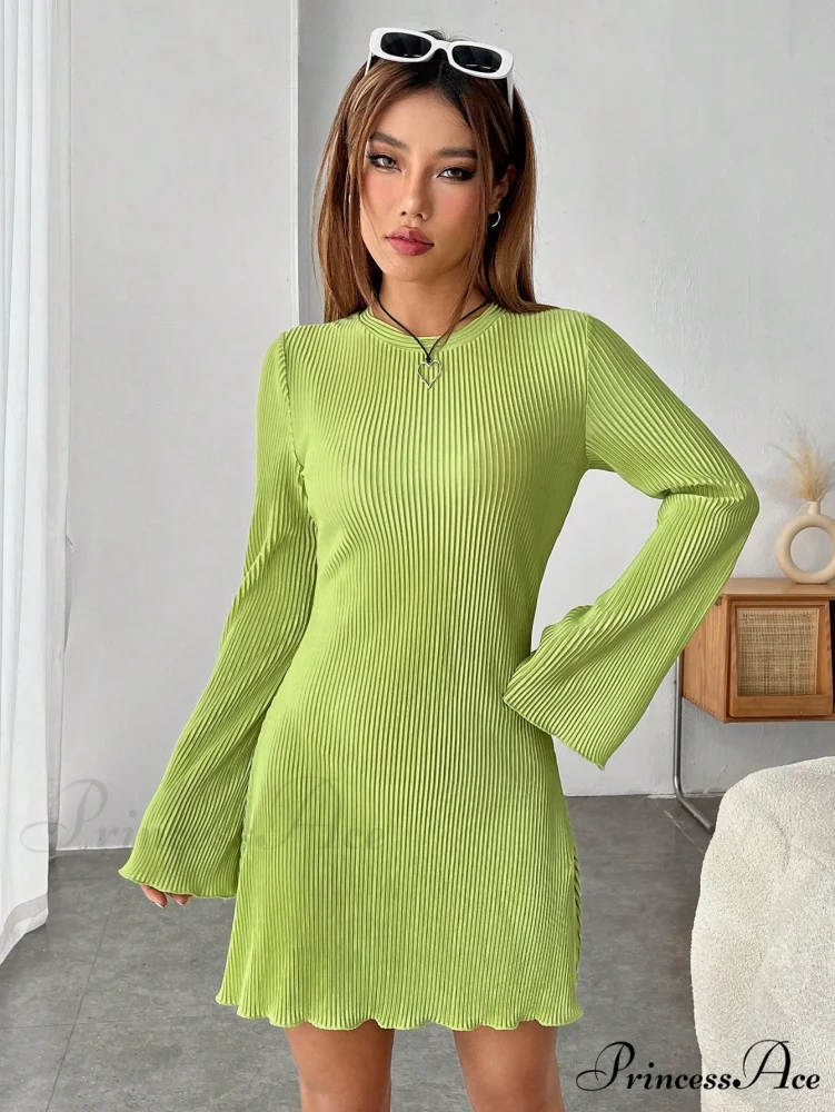 Lettuce Trim Trumpet Sleeve Ribbed Knit Dress - Image 4