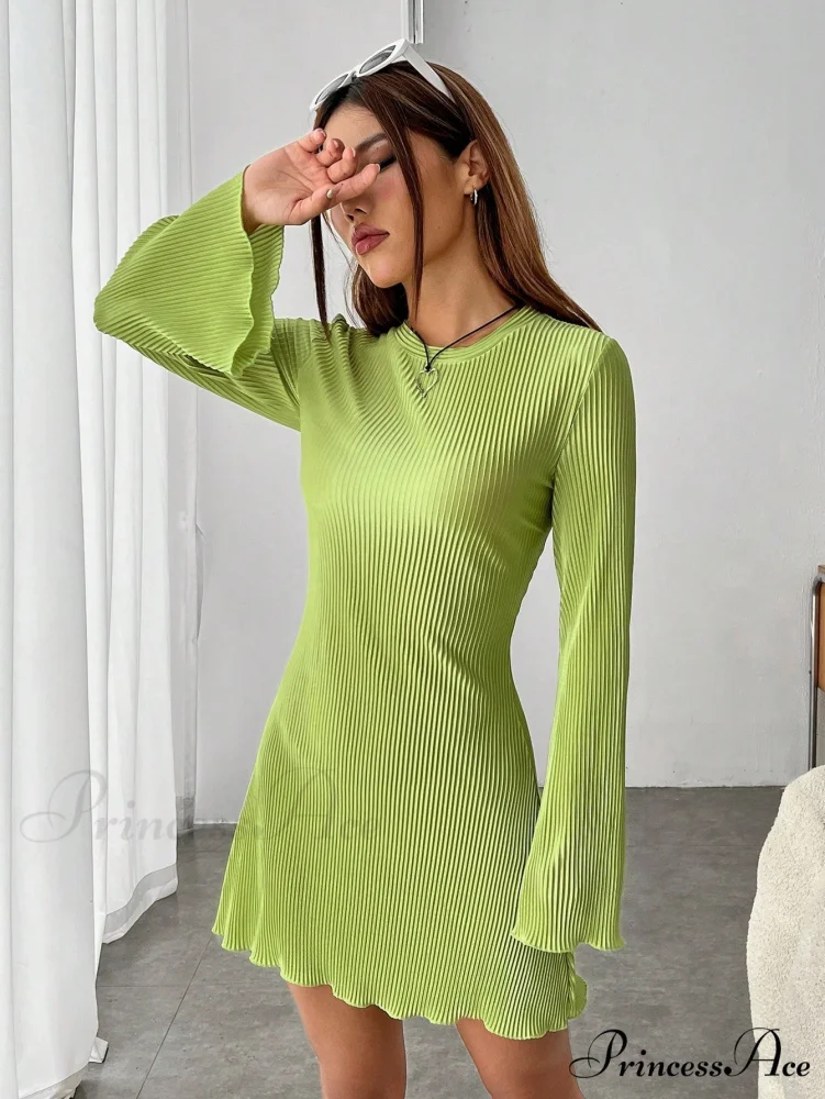 Lettuce Trim Trumpet Sleeve Ribbed Knit Dress - Image 5
