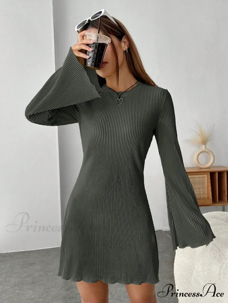 Lettuce Trim Trumpet Sleeve Ribbed Knit Dress - Image 8