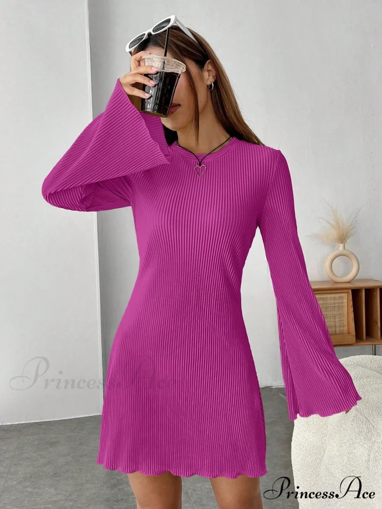Lettuce Trim Trumpet Sleeve Ribbed Knit Dress - Image 9