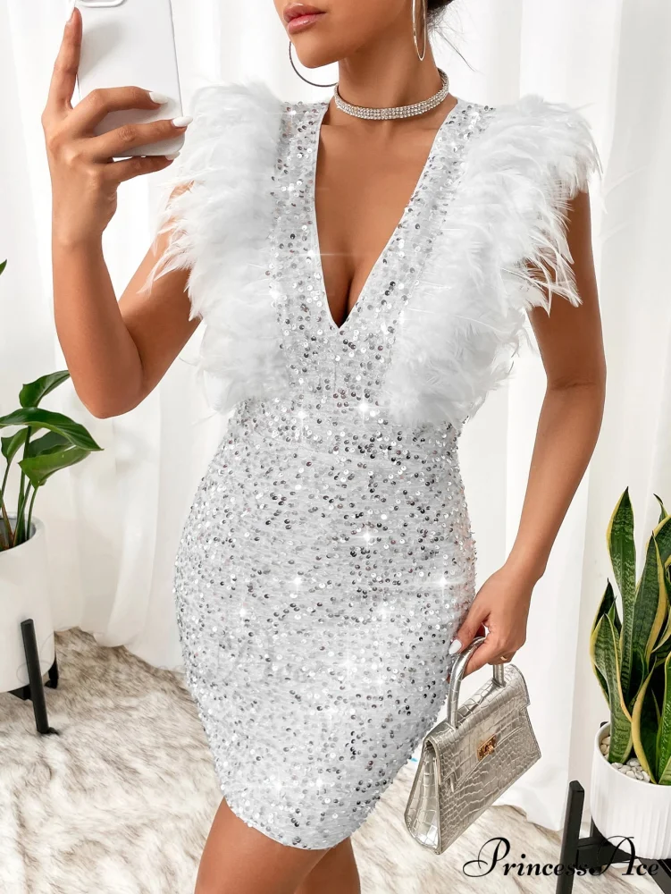 Fuzzy Trim Sequin Zip Back Bodycon Dress - Image 9