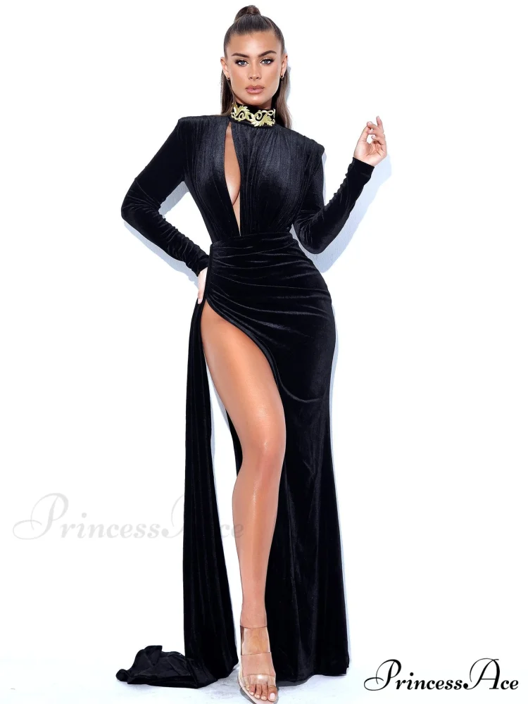 Velvet Pleated Slit Elegant Party Dresses - Image 8