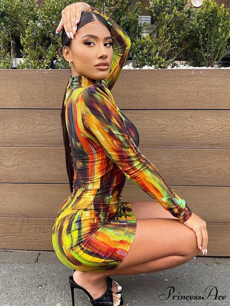 Tie Dye Print Women Long Sleeve Mini Dress - Image 2