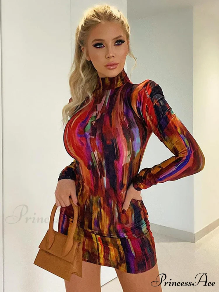 Tie Dye Print Women Long Sleeve Mini Dress - Image 3
