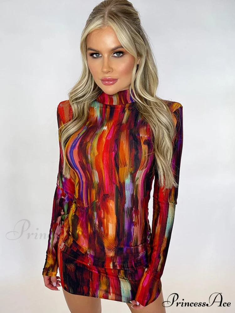 Tie Dye Print Women Long Sleeve Mini Dress - Image 4