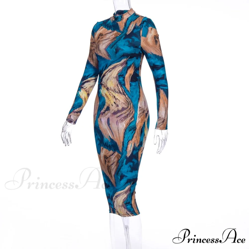 Tie Dye Print Long Sleeve Bodycon Midi Dress - Image 10