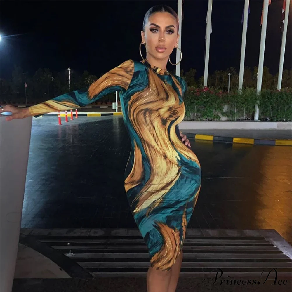 Tie Dye Print Long Sleeve Bodycon Midi Dress - Image 2