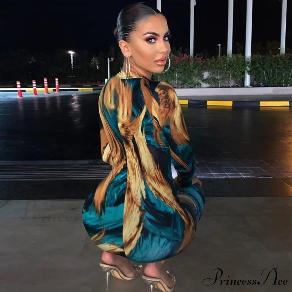 Tie Dye Print Long Sleeve Bodycon Midi Dress - Image 3