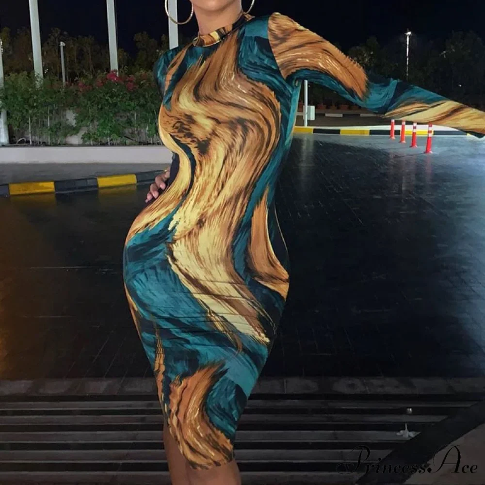 Tie Dye Print Long Sleeve Bodycon Midi Dress - Image 4