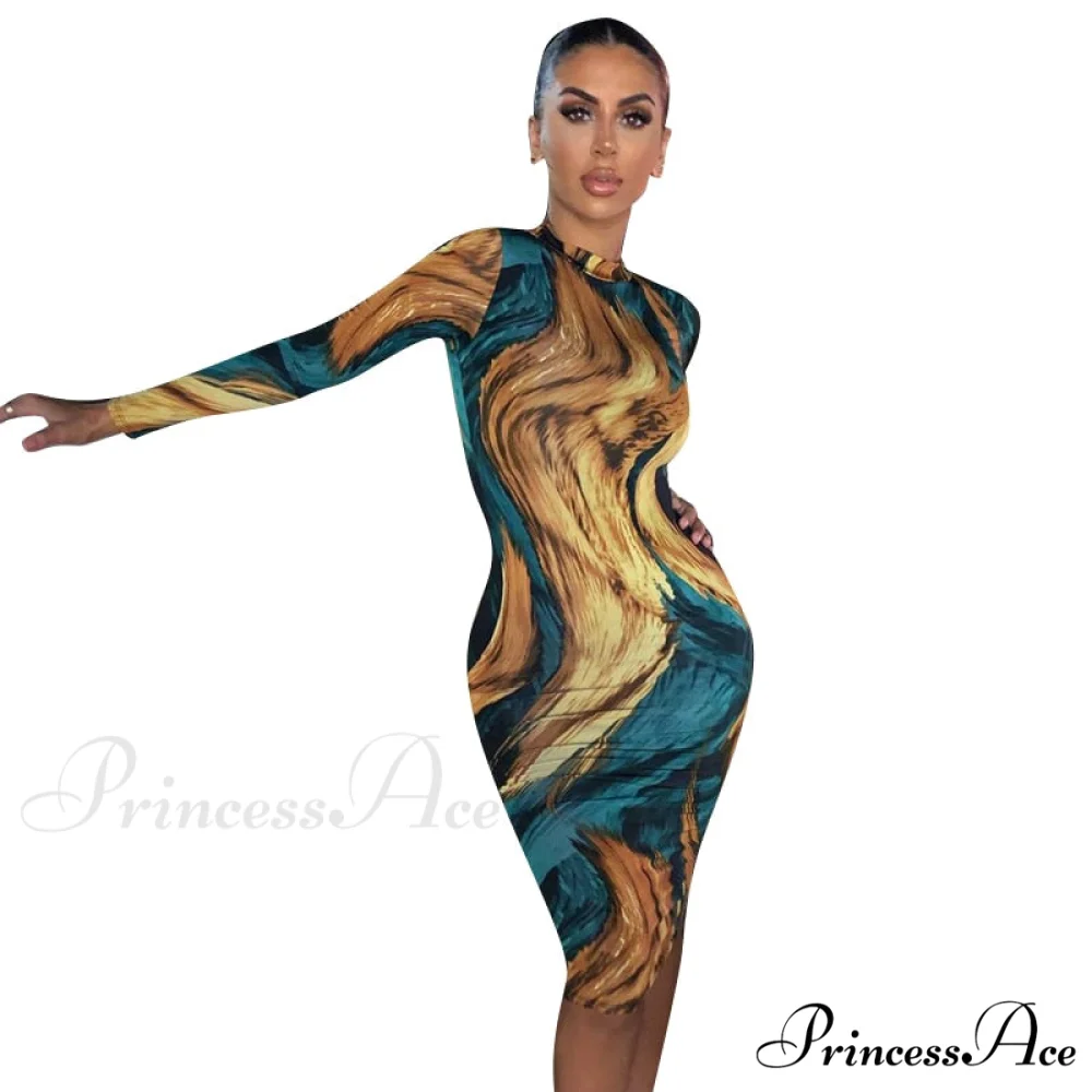 Tie Dye Print Long Sleeve Bodycon Midi Dress - Image 5