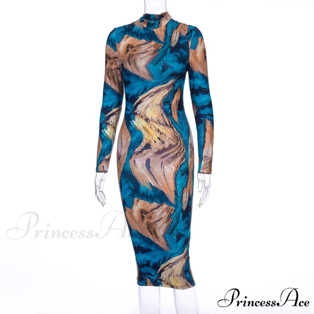 Tie Dye Print Long Sleeve Bodycon Midi Dress - Image 9