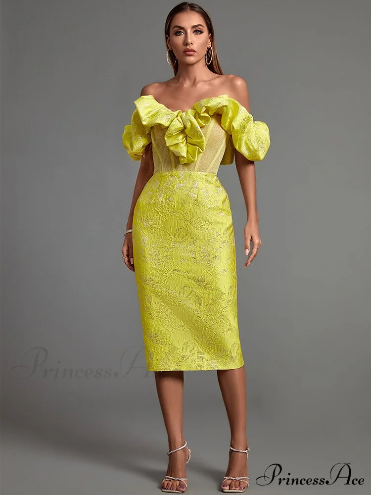 Yellow Bodycon Dress Elegant Sexy Ruffle Club Dress - Image 2