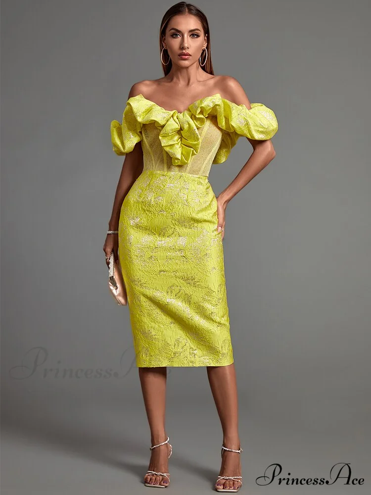 Yellow Bodycon Dress Elegant Sexy Ruffle Club Dress - Image 3