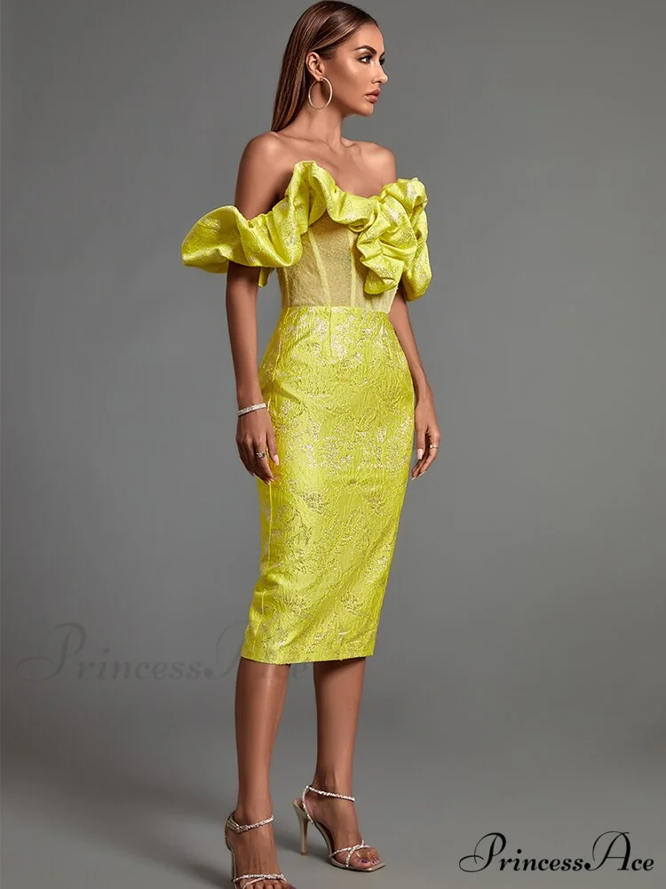 Yellow Bodycon Dress Elegant Sexy Ruffle Club Dress - Image 4