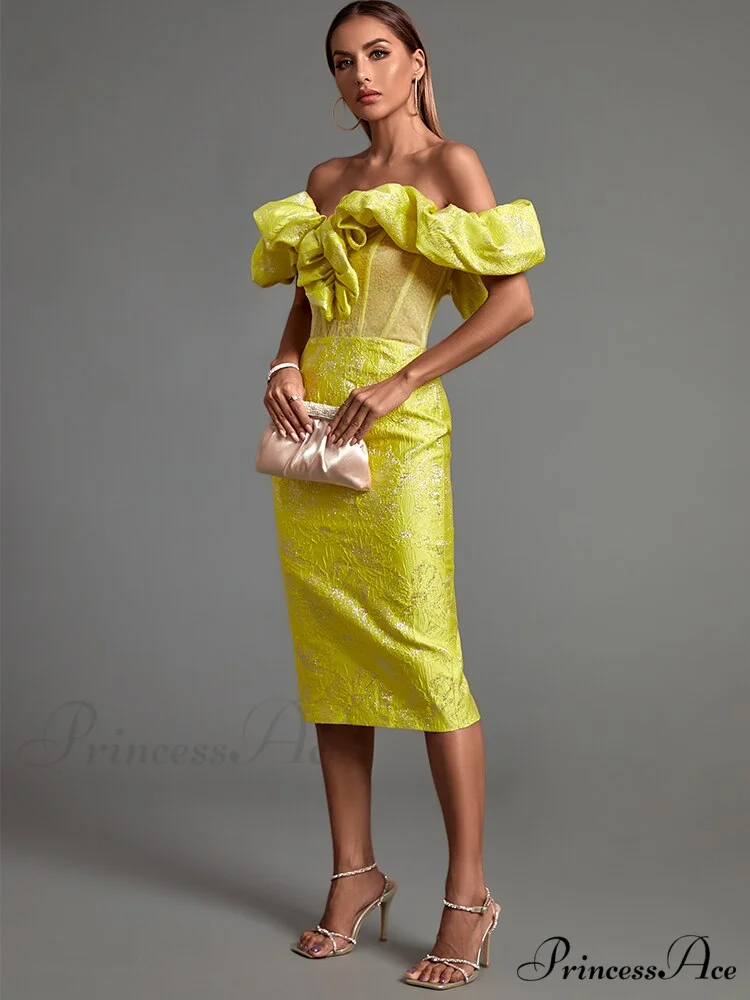 Yellow Bodycon Dress Elegant Sexy Ruffle Club Dress - Image 5