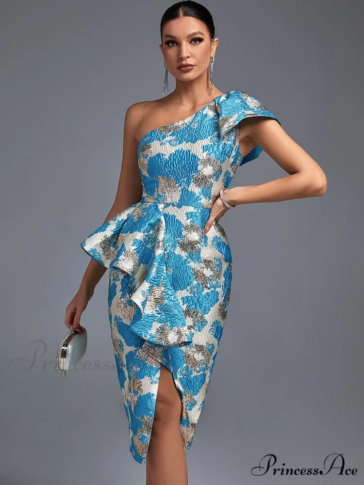Sexy Midi One Shoulder Blue Bodycon Dress