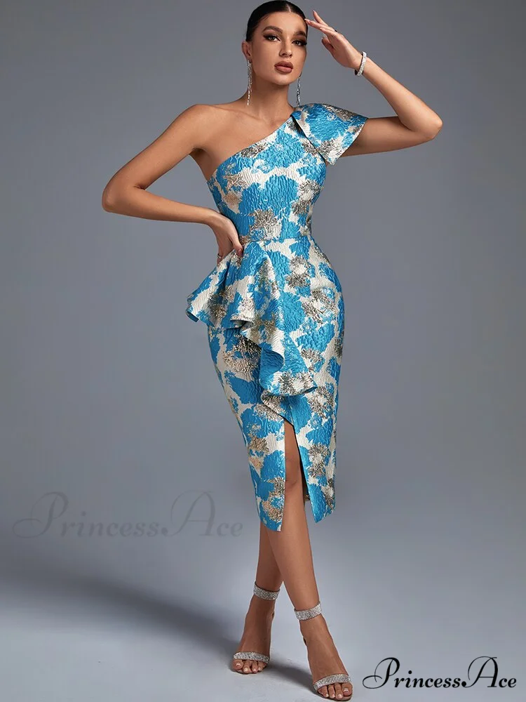 Sexy Midi One Shoulder Blue Bodycon Dress - Image 2