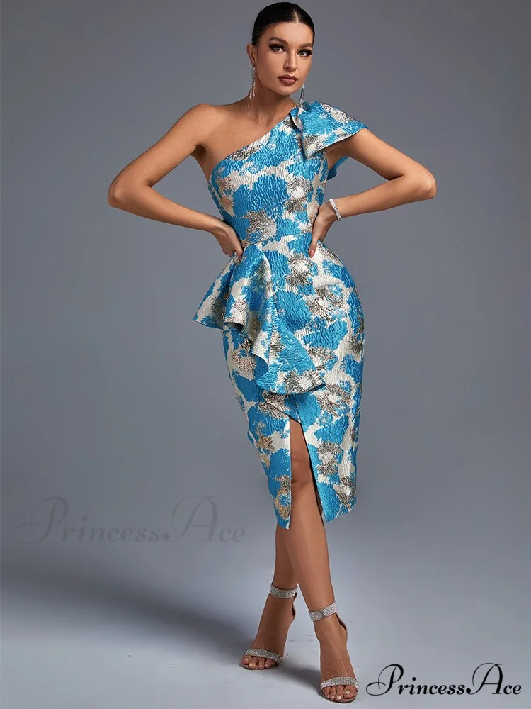 Sexy Midi One Shoulder Blue Bodycon Dress - Image 3