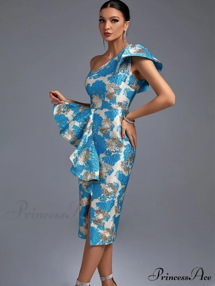 Sexy Midi One Shoulder Blue Bodycon Dress - Image 5
