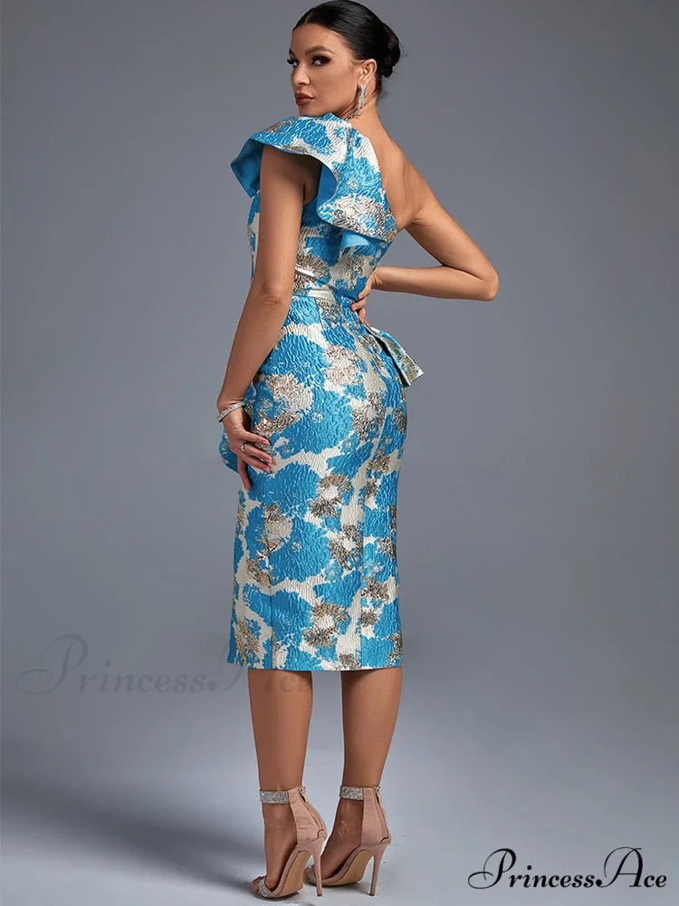 Sexy Midi One Shoulder Blue Bodycon Dress - Image 6