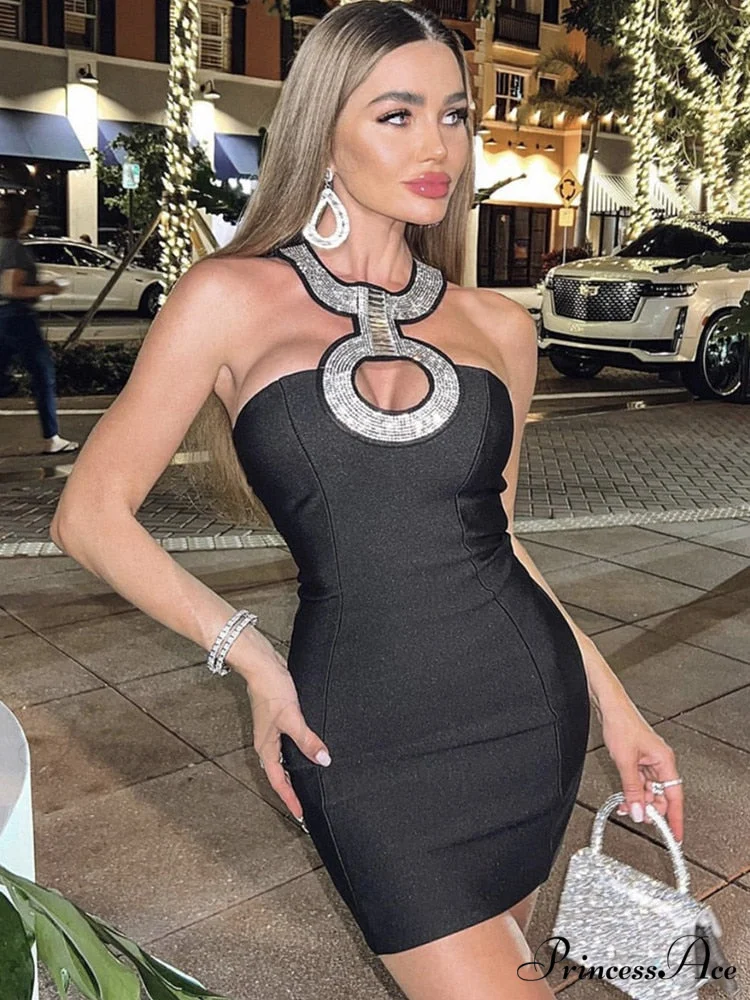 Backless Halter Sequined Diamonds Sparkly Black Bodycon Bandage Dress - Image 5