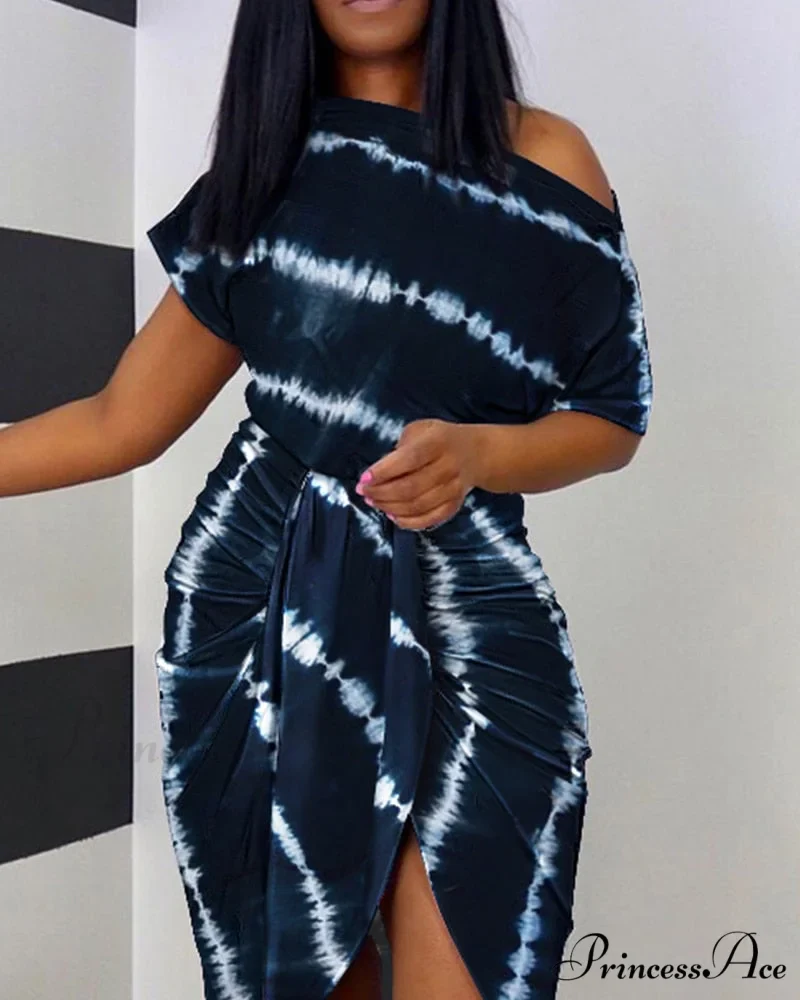 Tie Dye Print Ruched Slit Short Sleeve Casual Dress - Image 3