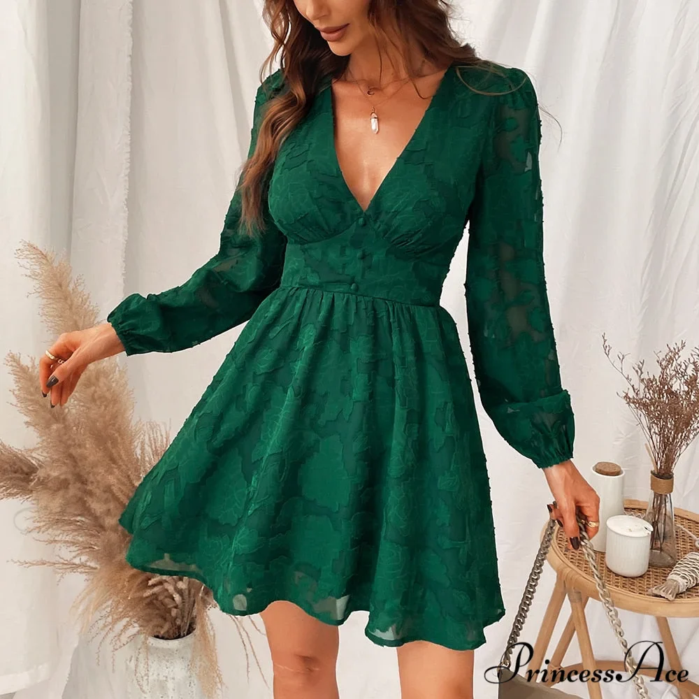 Woman Green Sexy Long Sleeve Party Dress - Image 3