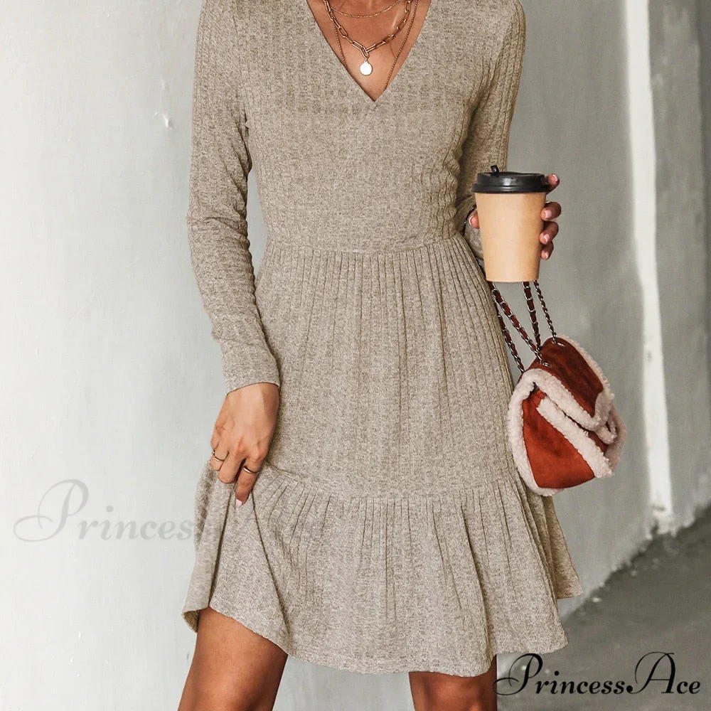 Grey Sexy V-neck Long Sleeve Party Dress - Image 5