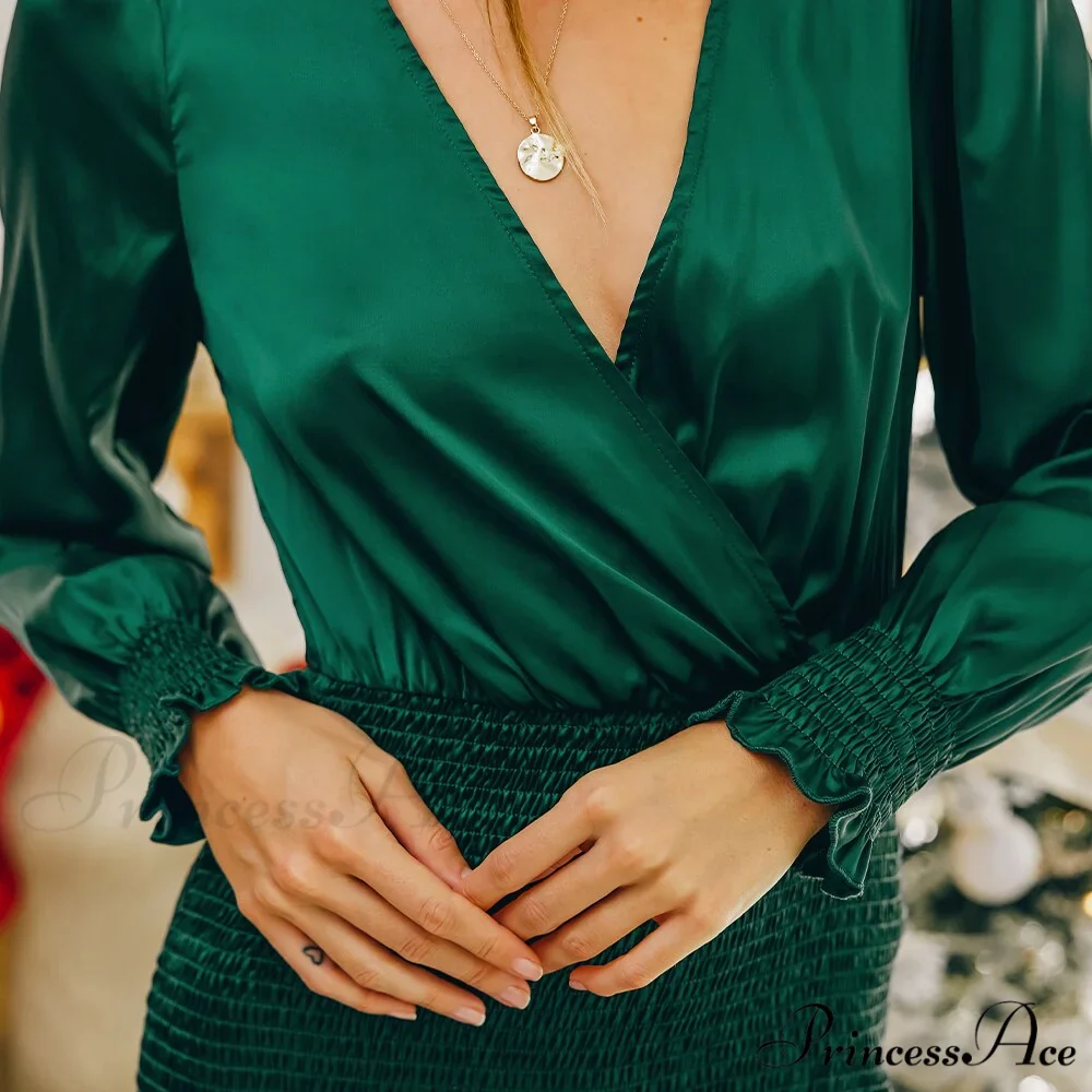 Smocked Lettuce-Edge Green Satin Mini Dress - Image 6