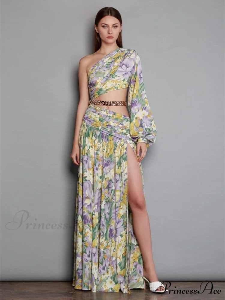 Elegant Floral Irregular Cut Out Long Sleeve Dress - Image 3