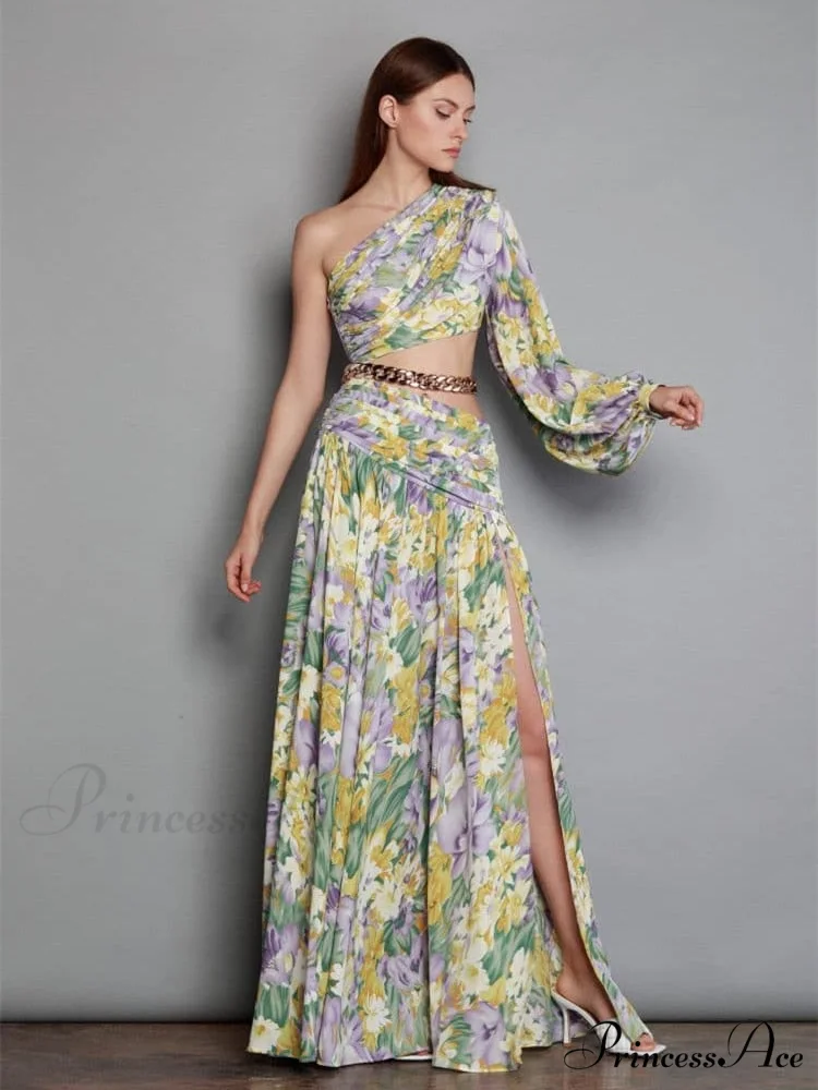 Elegant Floral Irregular Cut Out Long Sleeve Dress - Image 4
