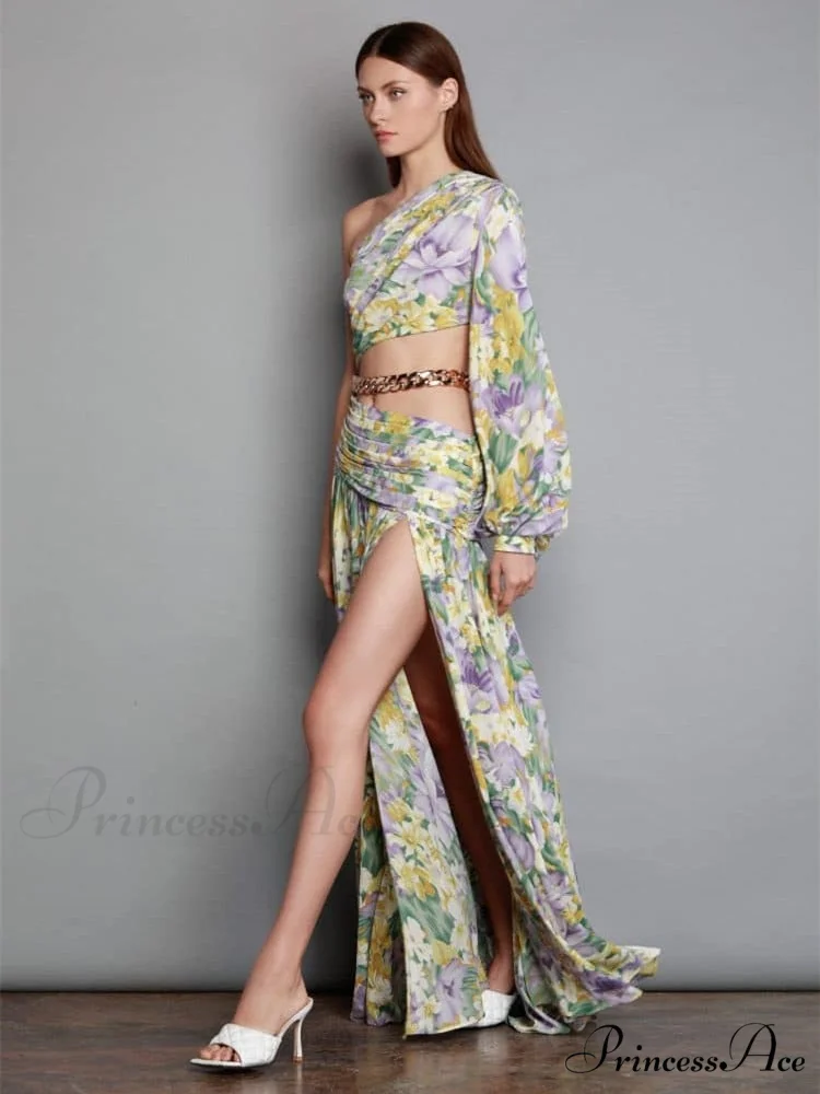 Elegant Floral Irregular Cut Out Long Sleeve Dress - Image 5