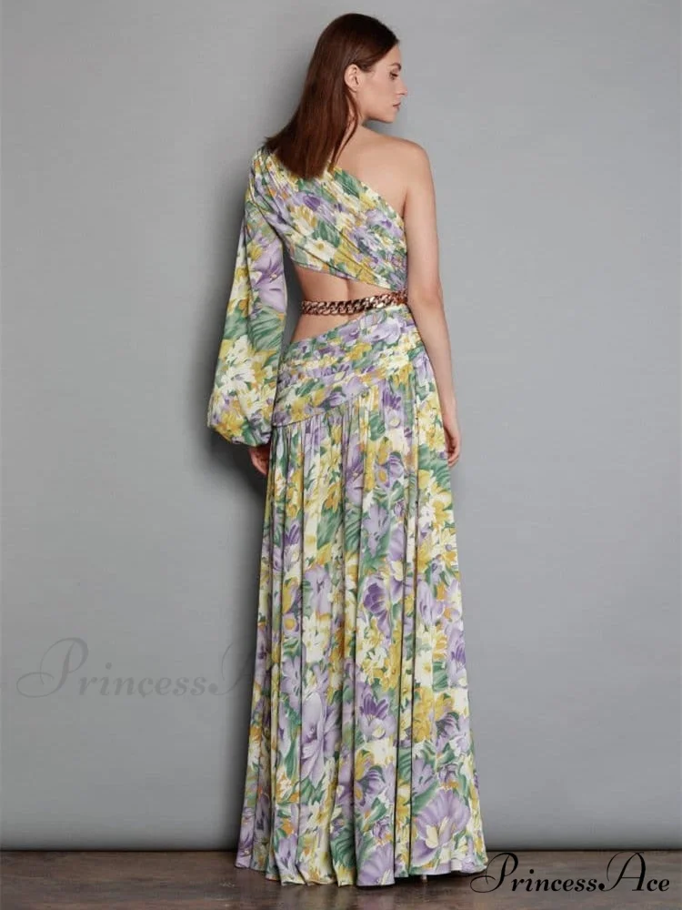 Elegant Floral Irregular Cut Out Long Sleeve Dress - Image 6