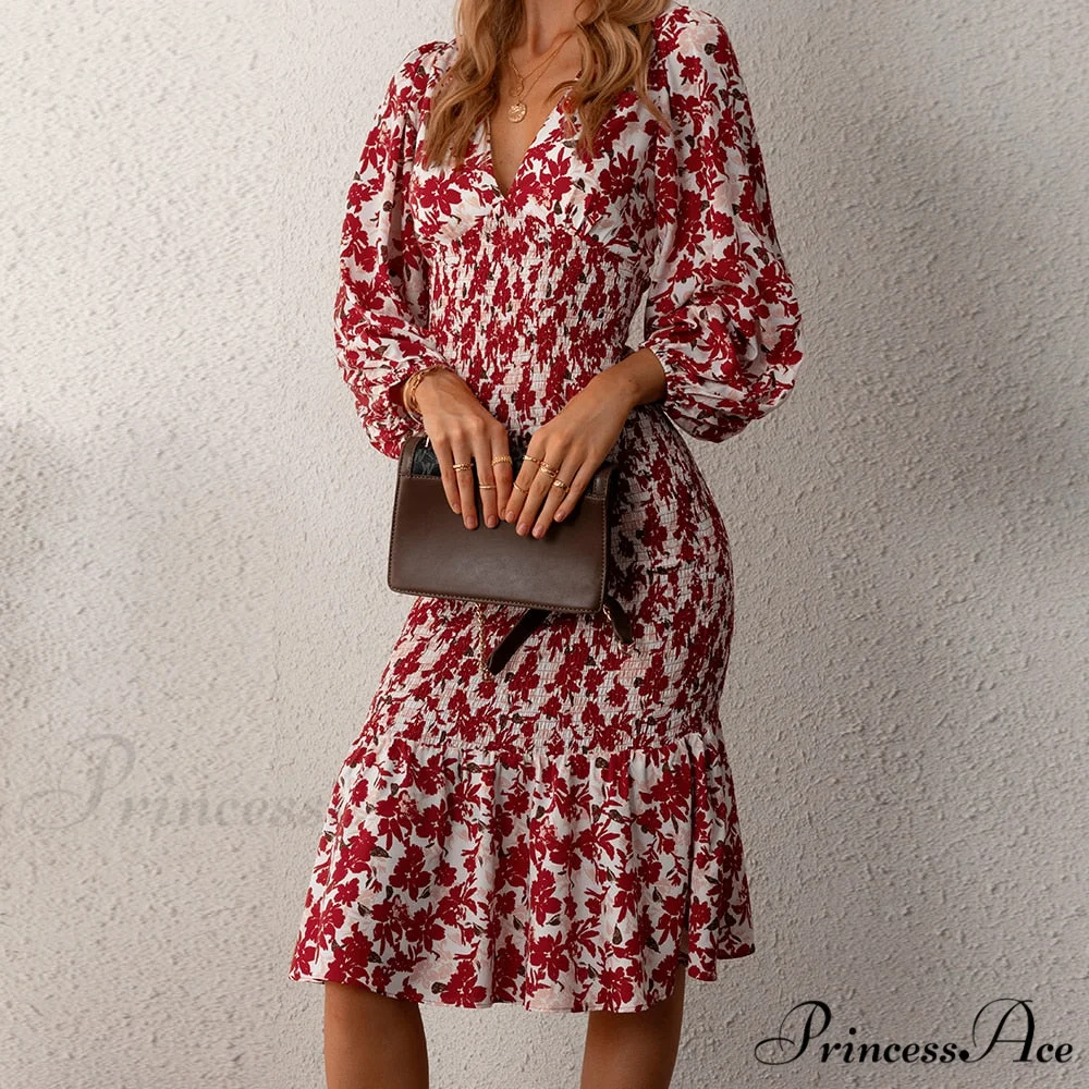 Floral Sexy Long Sleeve Bodycon Smocked Dress - Image 2