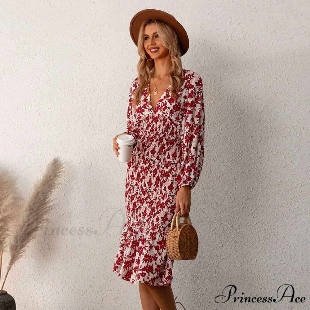 Floral Sexy Long Sleeve Bodycon Smocked Dress - Image 3