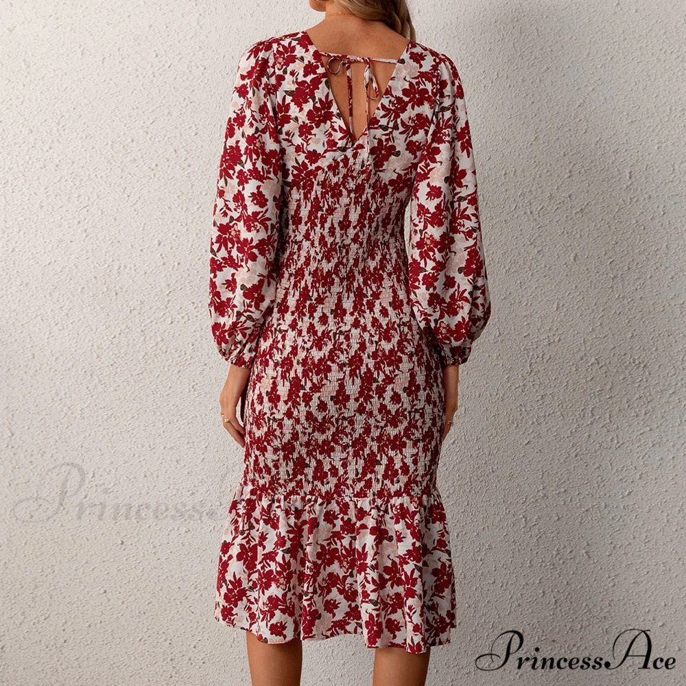 Floral Sexy Long Sleeve Bodycon Smocked Dress - Image 6