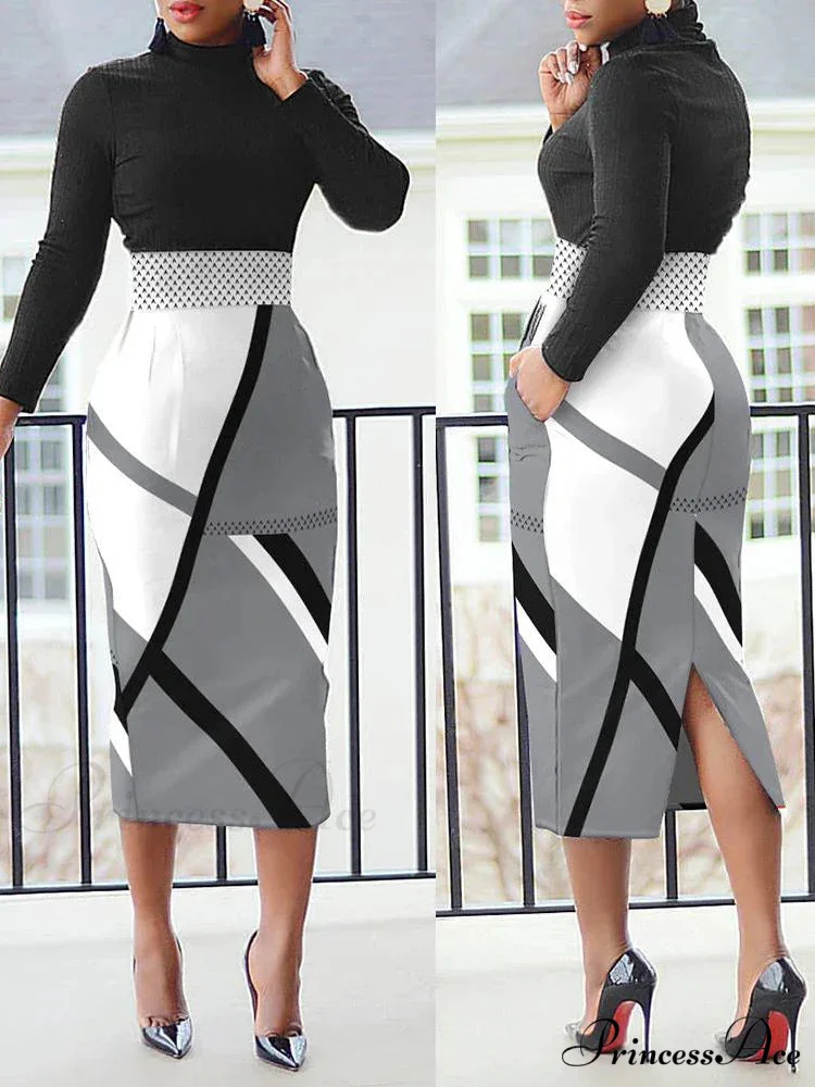 Long Sleeve O-neck Print Elegant Slim Penclil Dress - Image 3