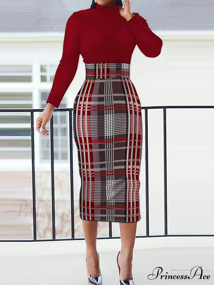 Long Sleeve O-neck Print Elegant Slim Penclil Dress - Image 4