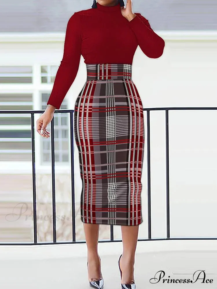 Long Sleeve O-neck Print Elegant Slim Penclil Dress - Image 8
