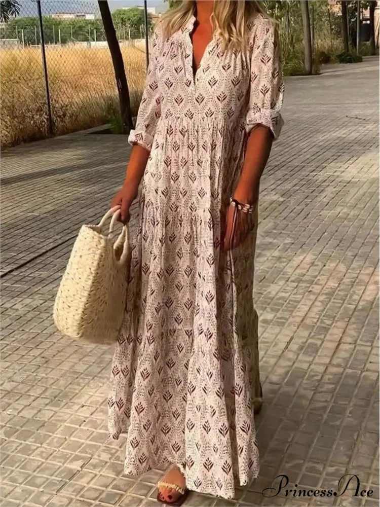 Vintage V-neck Flower Printed Maxi Boho Dress - Image 2