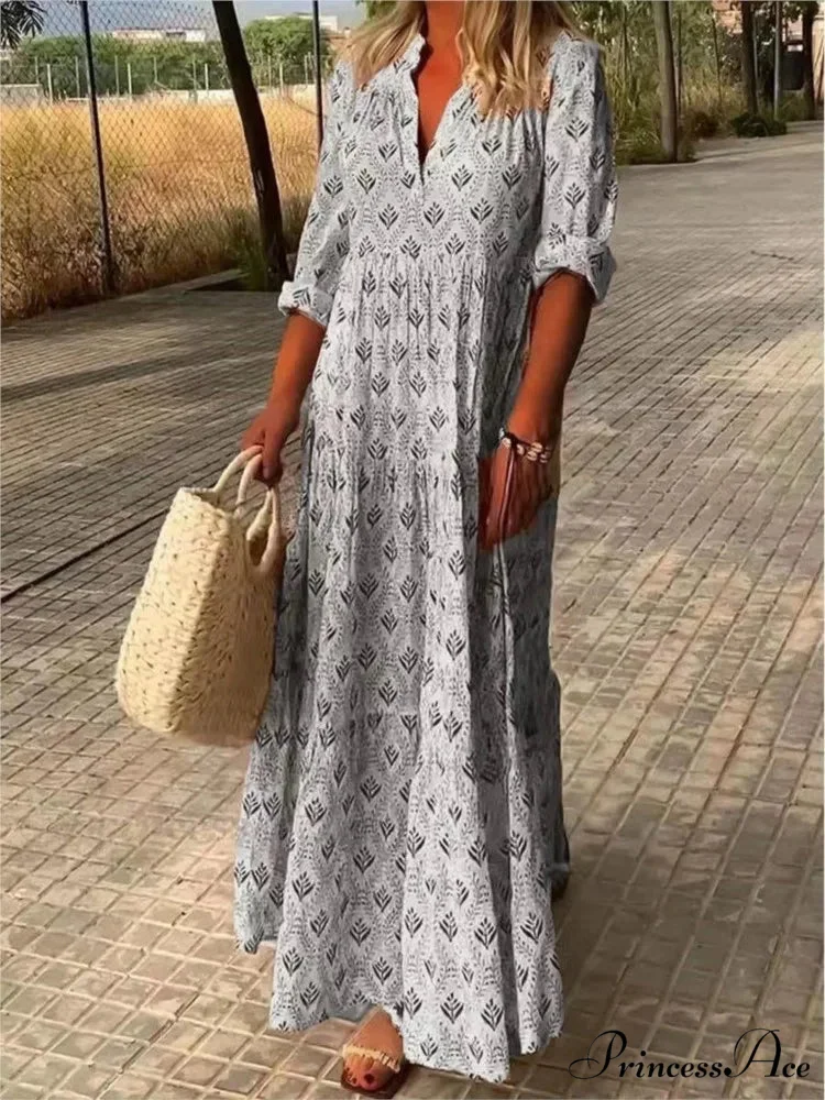 Vintage V-neck Flower Printed Maxi Boho Dress - Image 3